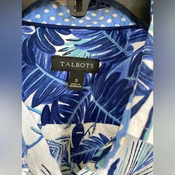 Talbots Cotton Blue & White Fern Print Button Down Shirt Polka Dot Cuff (Size S) - Picture 8 of 10